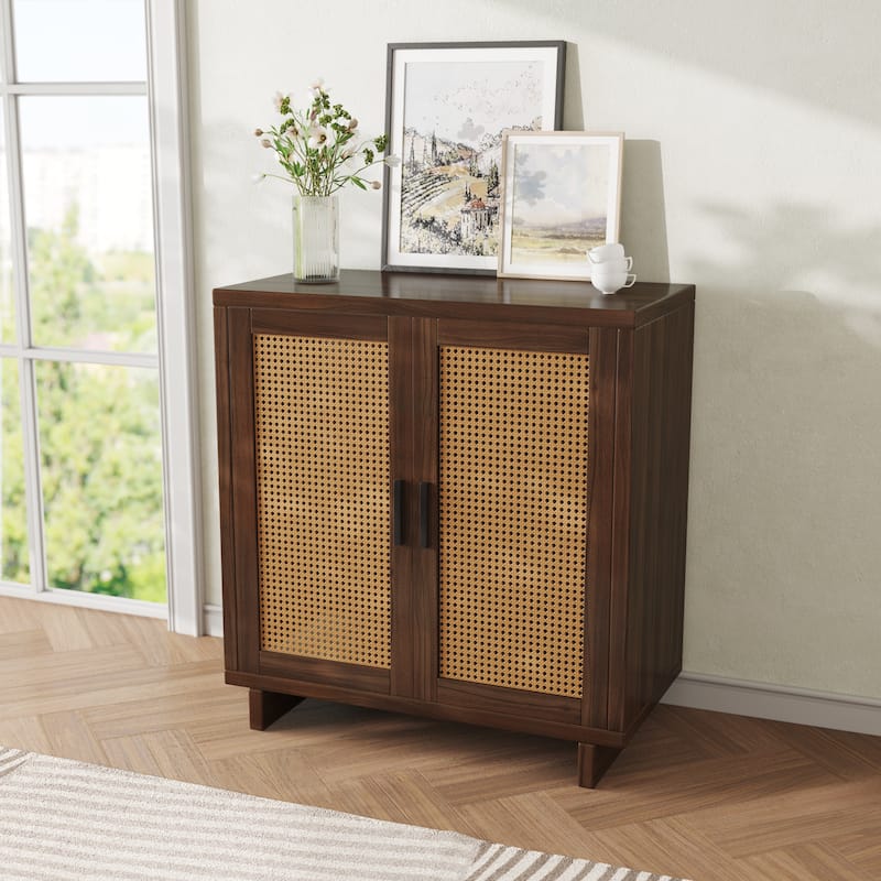 Mid-Century Modern Rattan Sideboard Storage Accent Cabinet with 2 Door