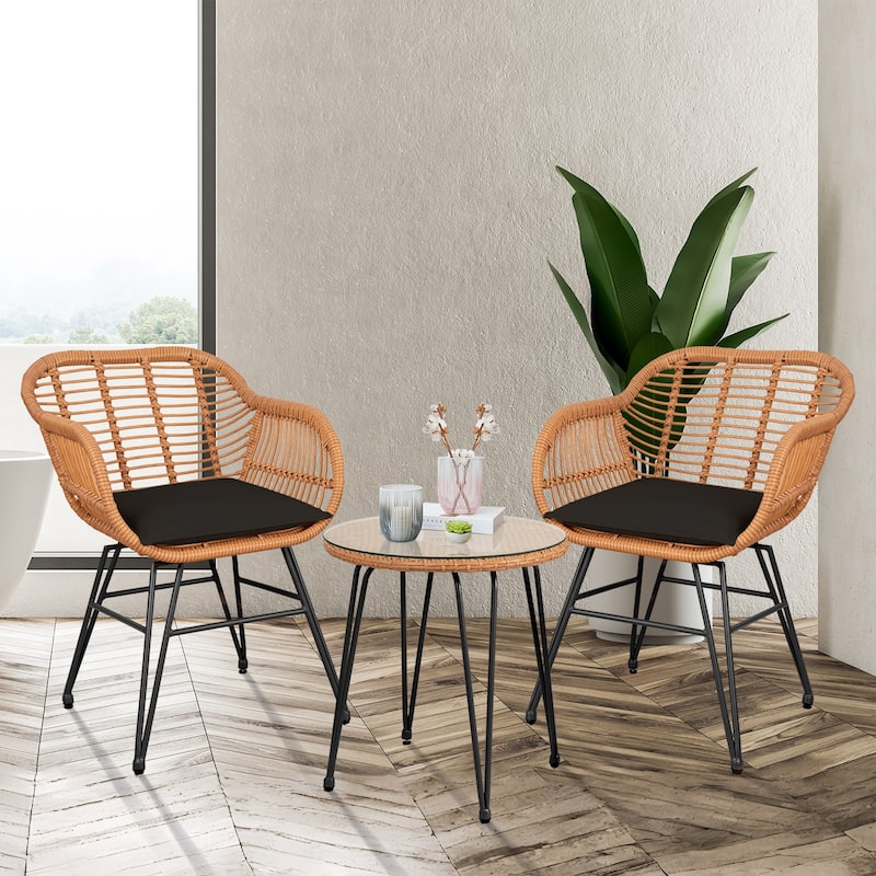3 Piece Outdoor Wicker Furniture Patio Bistro Set With Cushions for Porch Poolside Garden - 21.2"L x 23.6"W x 31.5"H - Yellow