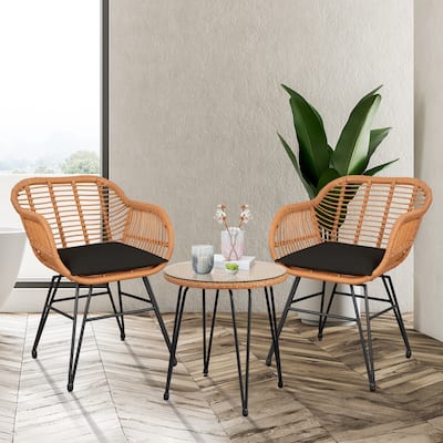 3 Piece Outdoor Wicker Furniture Patio Bistro Set With Cushions for Porch Poolside Garden - 21.2"L x 23.6"W x 31.5"H