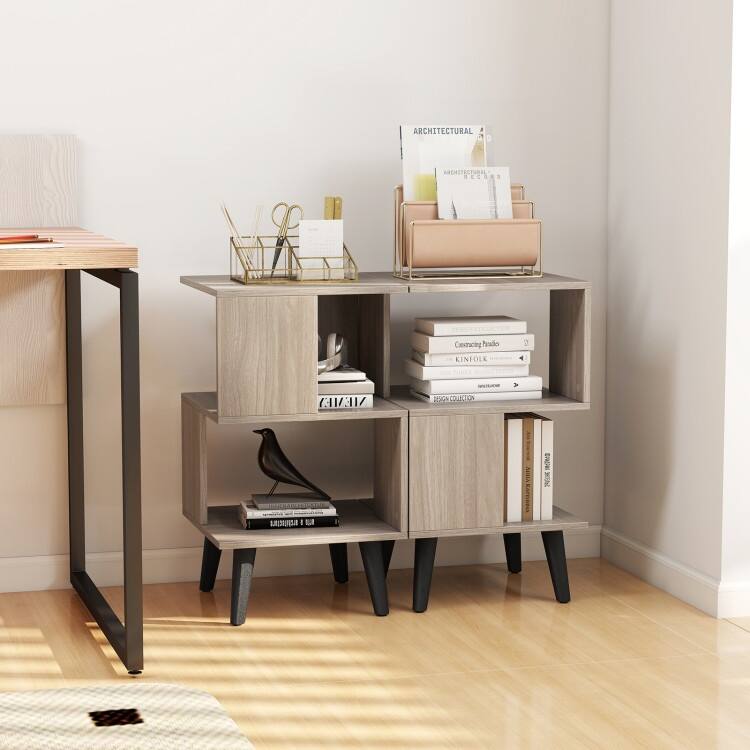 Set of 2 Grey Modern End Tables 3-Tier Bookshelf Nightstands with Open Storage - 16" x 16" x 27.5"