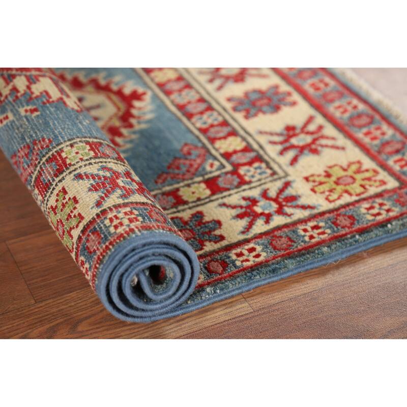 Hand Knotted Oriental 100% Wool Carpet Traditional Geometric Navy Blue & Blues Kazak Area Rug - 3' 1'' X 2' 0''