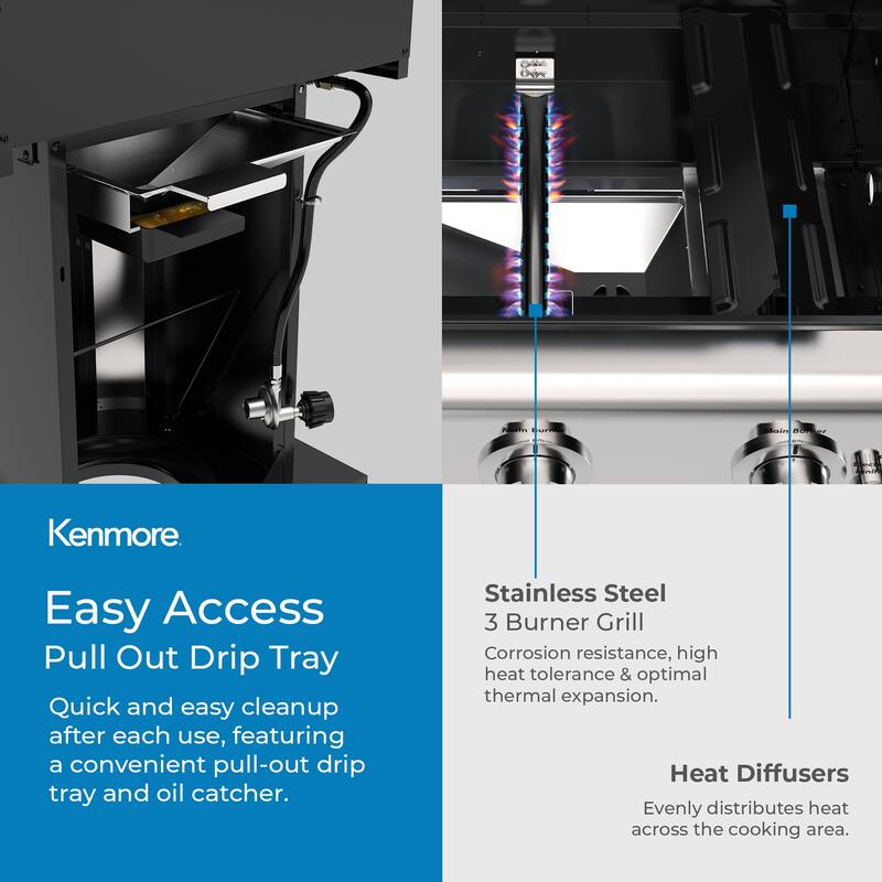 Kenmore 3-Burner Propane Gas Grill with Foldable Side Shelves