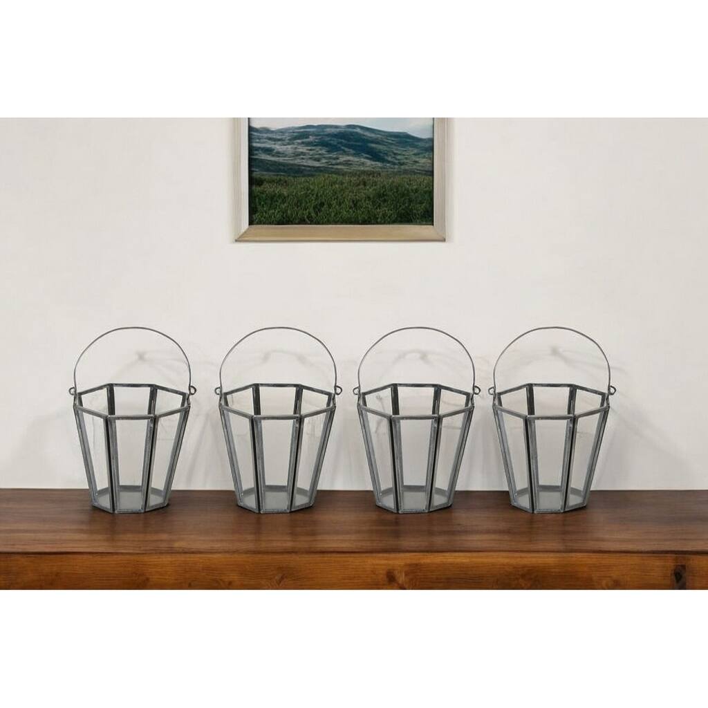 Set of Four Gray Iron and Glass Geometric Tabletop Votive Candle Holders - One Size