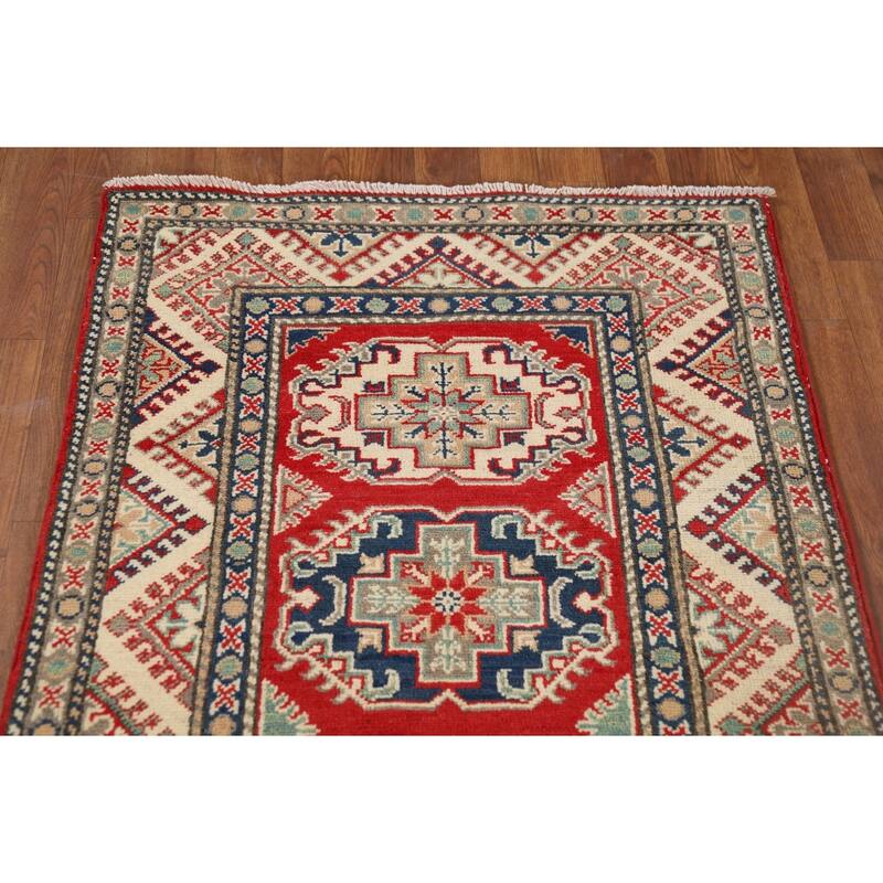 Geometric Kazak Runner Rug Handmade Wool Carpet - 2'7" x 10'7"