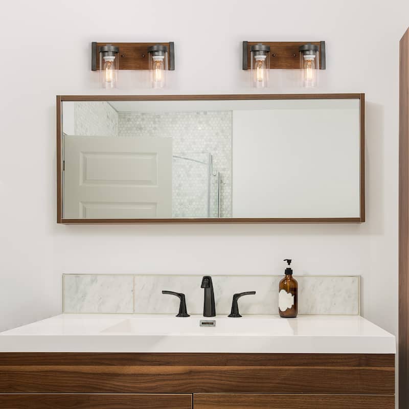 Farmhouse Rustic 2-light Pinewood Glass Bathroom Vanity Light Sconce - L 14"x W 5"x H 8.5"