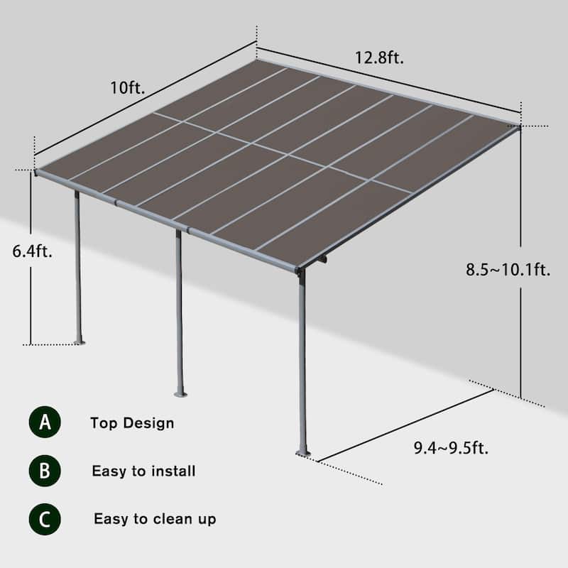 Aoodor Wall Mount Gazebo Outdoor Pergola, Polycarbonate Gazebo with Water-Resistant and UV-Fighting Panels Canopy