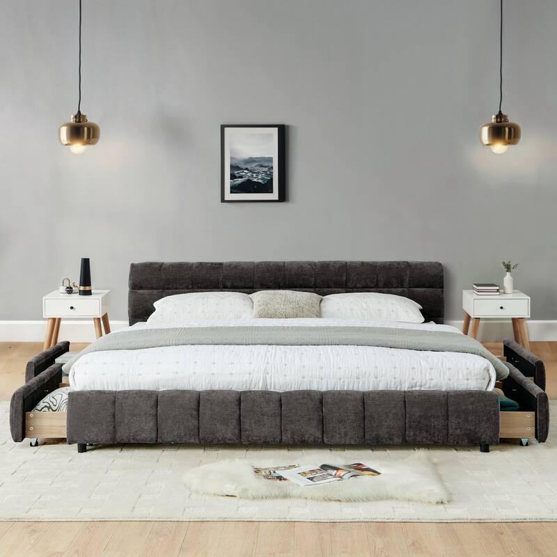 California King Size Bed Frame with 4 Storage Drawers and Headboard Chenille Upholstered Platform Bed Frame with Wooden Slats - Dark Gray - California King