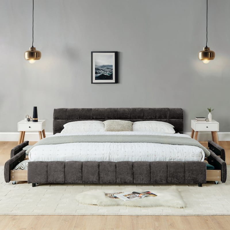 California King Size Upholstered Bed Frame With Headboard And Solid Bed Frame, With Drawer For Storage(90.5"*80.5"*31")