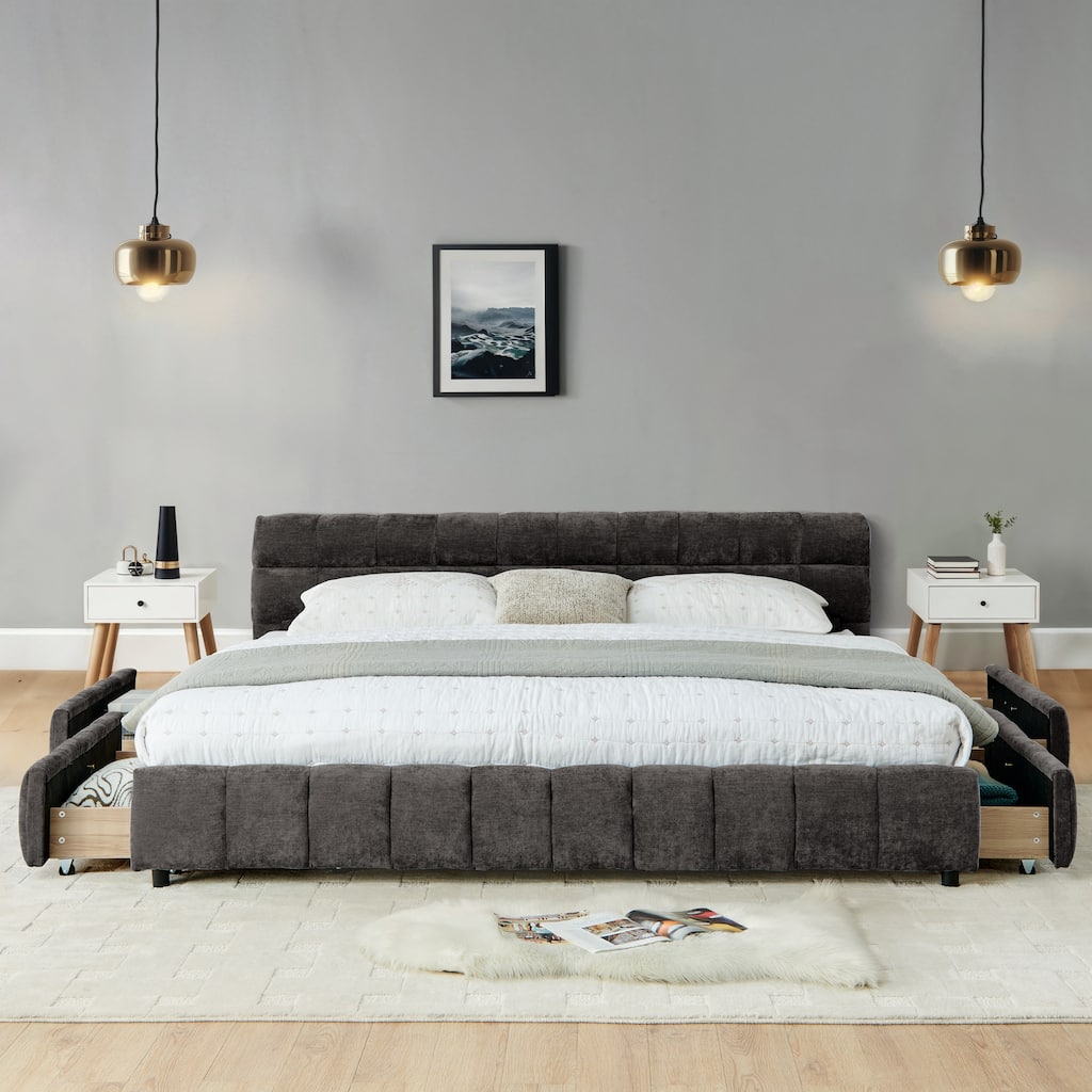 California King Size Upholstered Chenille Bed with Headboard and Storage Drawer