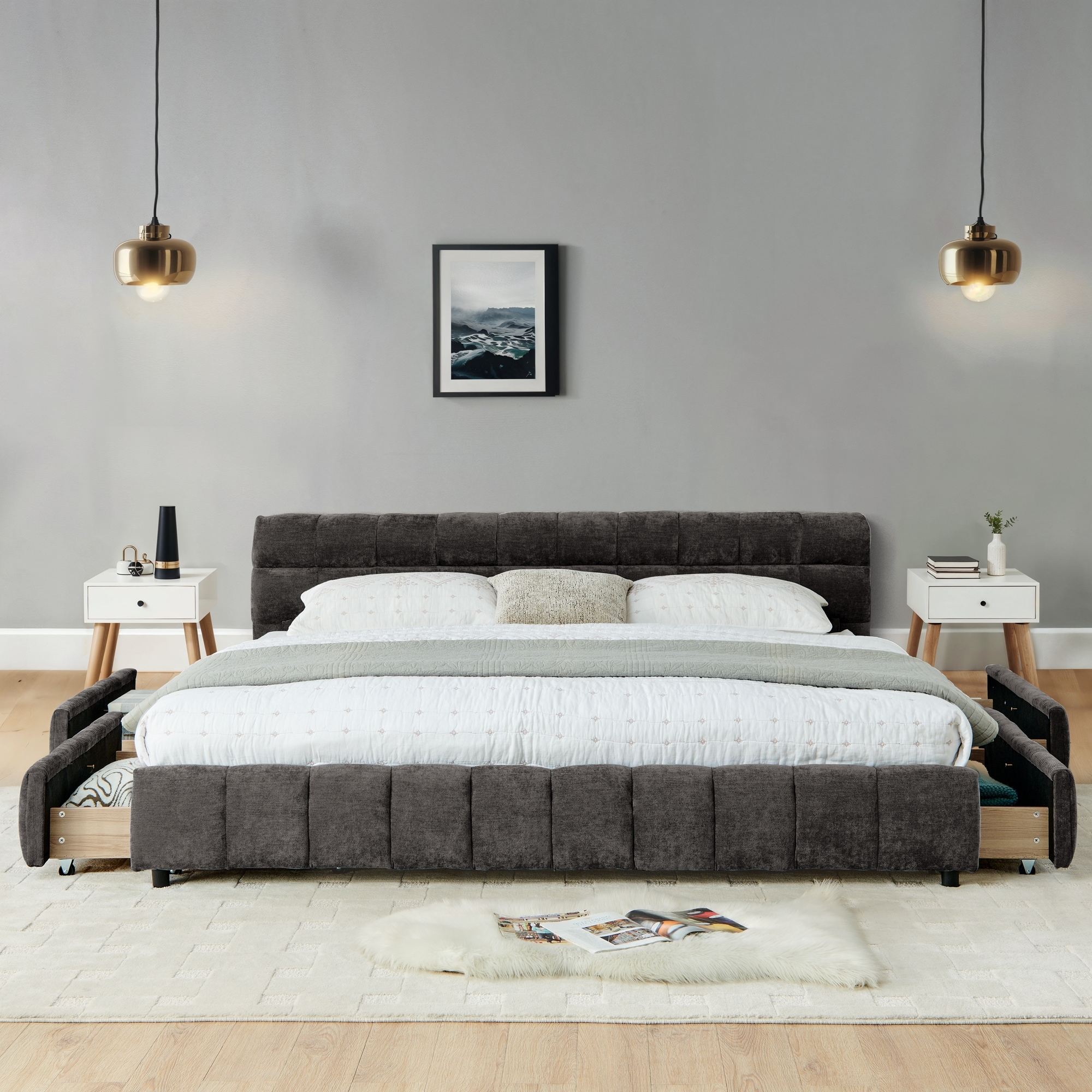 California King Size Upholstered Chenille Bed with Headboard and Storage Drawer