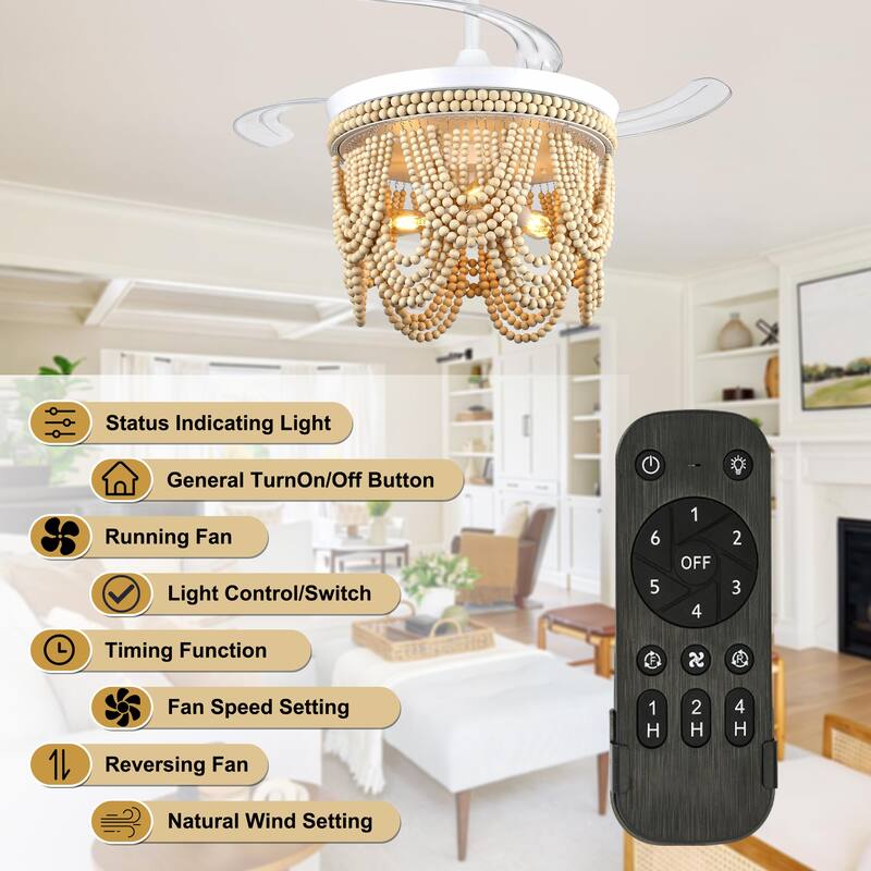 Cusp Barn 42" Retractable Ceiling Fan with Light, Farmhouse Wooden Bead Chandelier, Quiet DC Motor 6 Speeds Bohemian Ceiling Fan