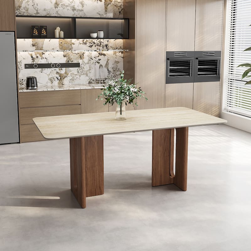 63" Modern Rectangular Dining Table for 4,Faux Marble top with Travertine Texture,Double Legs with Solid Woood Veneer