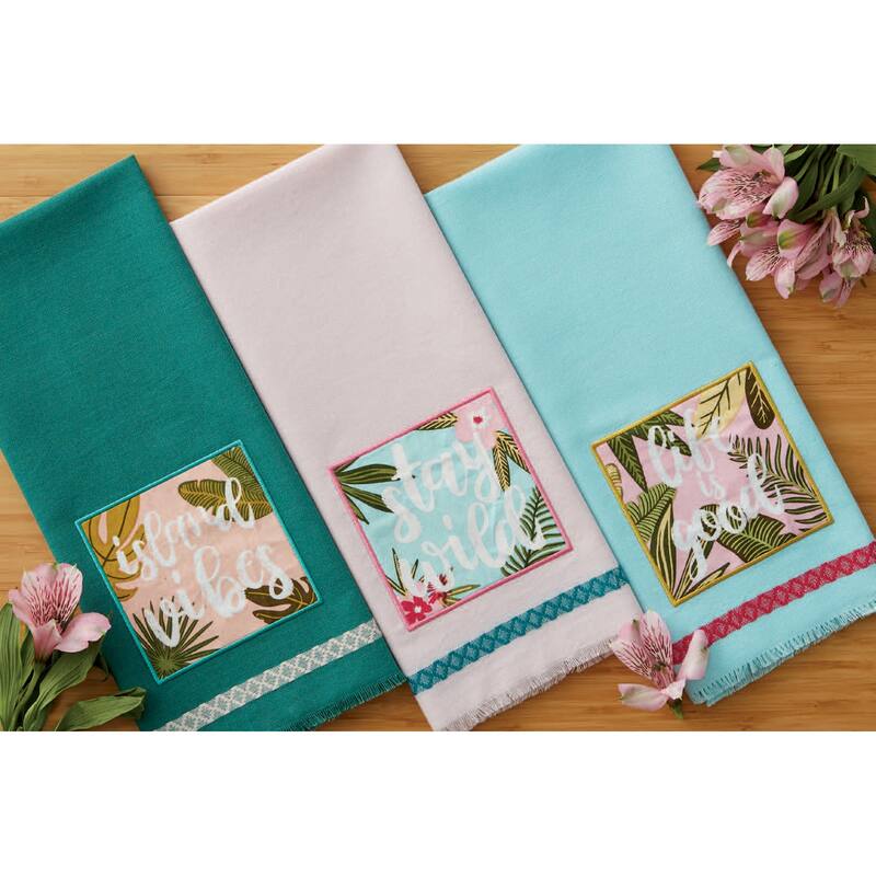 DII Island Tropics Pineapple Embellished Dishtowels Set/3
