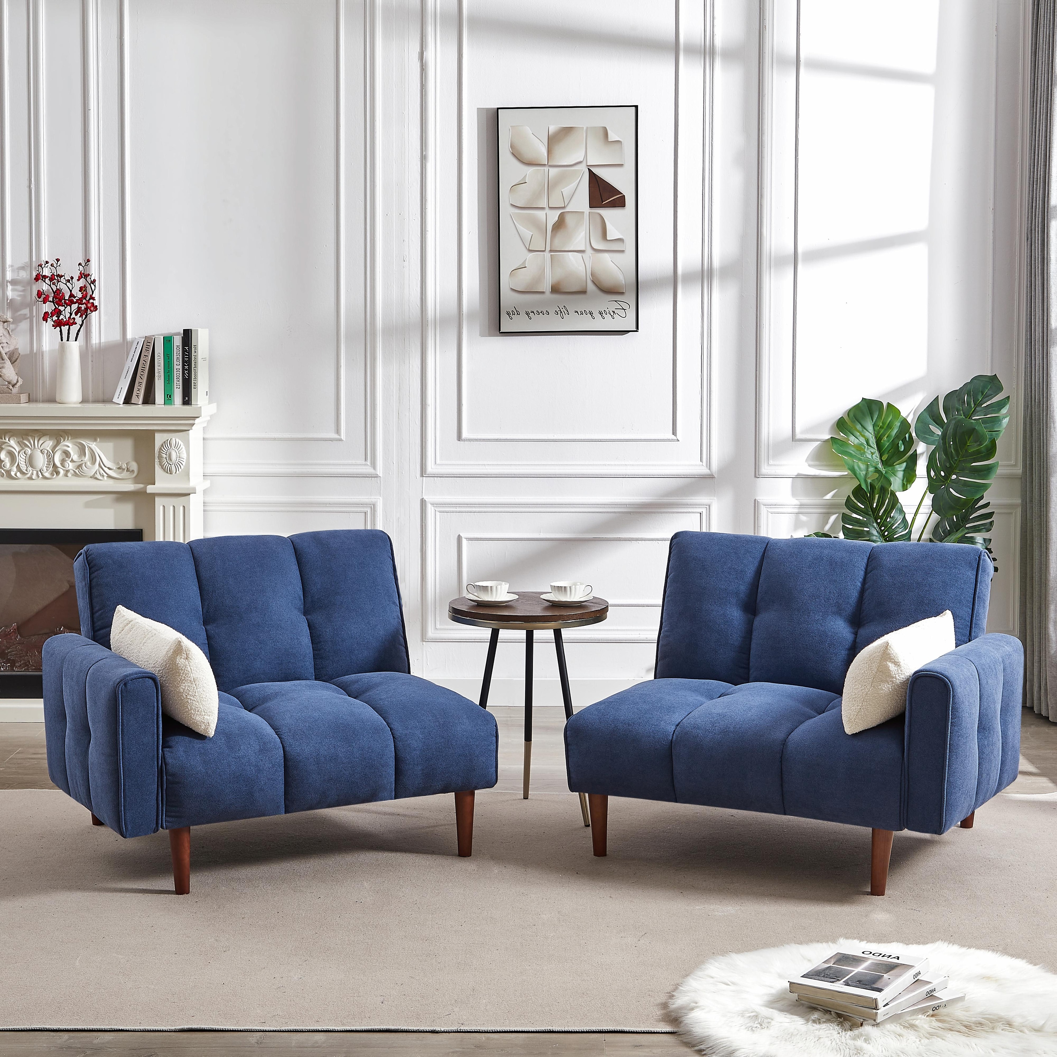Convertible Futon Sofa Bed Adjustable Couch Sleeper with Linen Upholstery Wooden Legs 2 Pillows Living Room