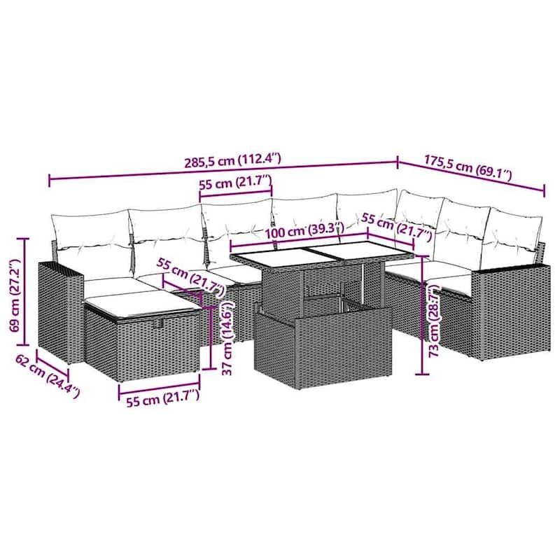 vidaXL Patio Sofa Set with Cushions and Table Outdoor Garden 9 Piece Poly Rattan - 24.4" x 24.4" x 27.2"