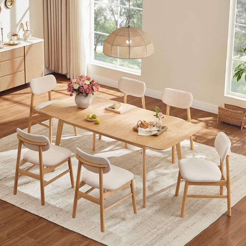 Spruce & Spring Extendable Dining Table Set with Upholstered Dining Chairs - 59"-75"-6 Chairs - Natural