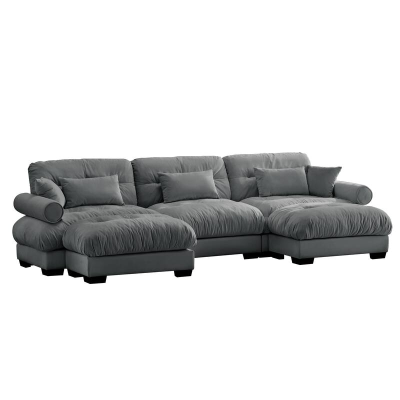 GDFStudio - Thalassia Velvet 3-Seater Sofa and Dual Movable Ottomans With Pillows