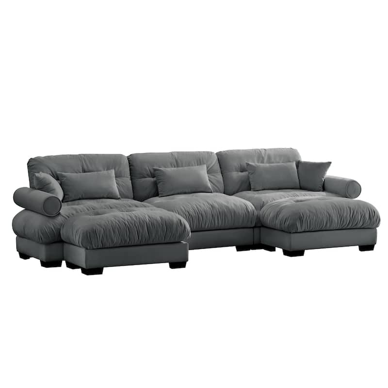 U-Shaped Velvet Sectional Sofa Set with Ottoman, 130" 3-Seater Modular Sofa withRound Armrests, Modern Upholstered Couch