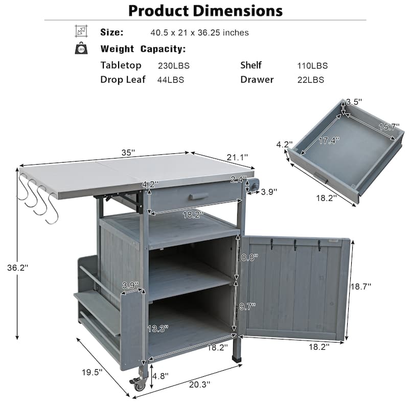 40.5" Outdoor Grill Cart with Stainless Steel Top, Rolling Buffet Serving Cart with Drop Leaf, Patio Kitchen Island Cart