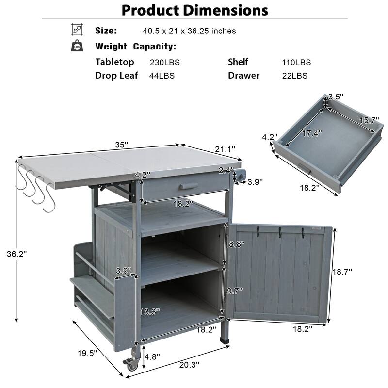Kitchen Island w/Drop Leaf, Drawer, Towel Rack and Stainless Steel Top w/Wood Storage Cabinet, Rolling Cart for Kitchen Garden