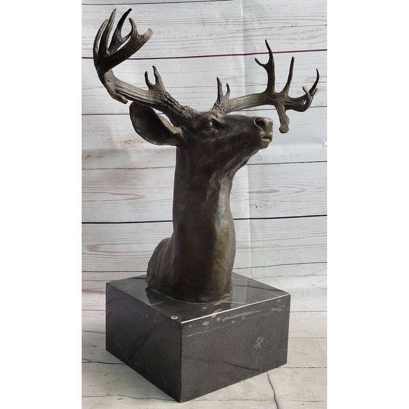 Elk Deer Reindeer Head Bronze Bust Sculpture Statue On Marble Base Lodge Cabin Decor