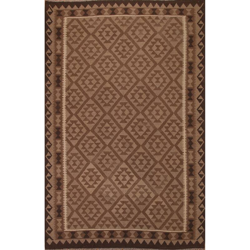 Brown Kilim Oriental Area Rug Hand-woven Wool Carpet - 6'11"x 9'6"