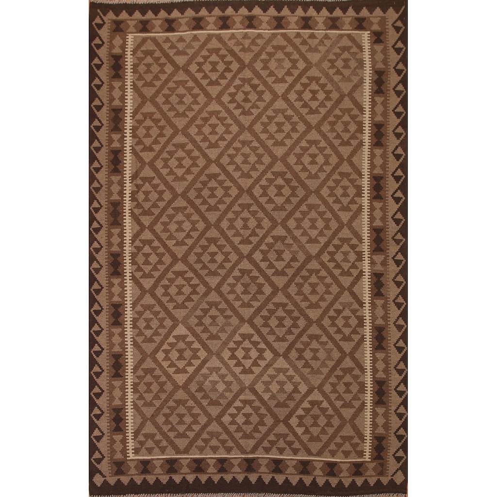 Brown Kilim Oriental Area Rug Hand-woven Wool Carpet - 6'11"x 9'6"