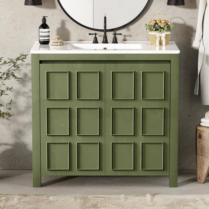 Retro Style 36" Bathroom Vanity with Sink Set, Freestanding Soft-Close Bathroom Storage Cabinet with Adjustable Shelf - Olive Green