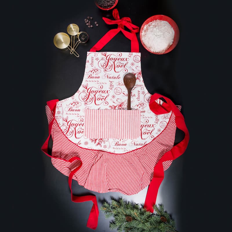 28.5" Red and White Vintage Style Christmas Themed Ruffled Kitchen Apron