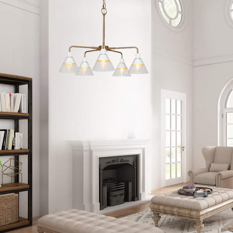 Seticy Modern Wagon Wheel Chandeliers with Accent White Gold Shaded Cone Glass for Dining Room - D 25" x H 21.5"