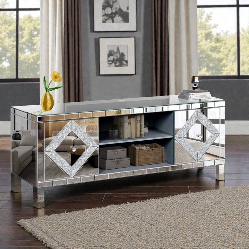 Modern Mirror TV Media Console 47 Inch, Dual Door Entertainment Center with Glass Accents for Living Room Bedroom