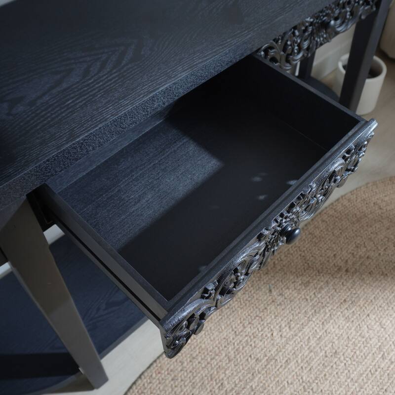 Carved Wooden Console Table with Lower Storage Shelf Tow Drawers