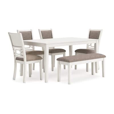 Berg 6pc Dining Table Set, Gray White Wood, 4 Chairs and 1 Bench