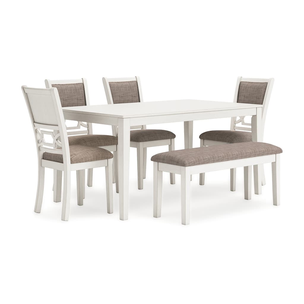 Berg 6pc Dining Table Set, Gray White Wood, 4 Chairs and 1 Bench