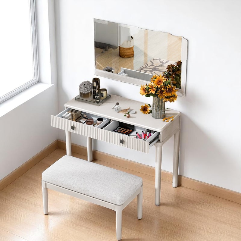 Modern Vanity Table Set with Mirror, Stool & 2 Drawers, White Makeup Desk for Bedroom or Home Office
