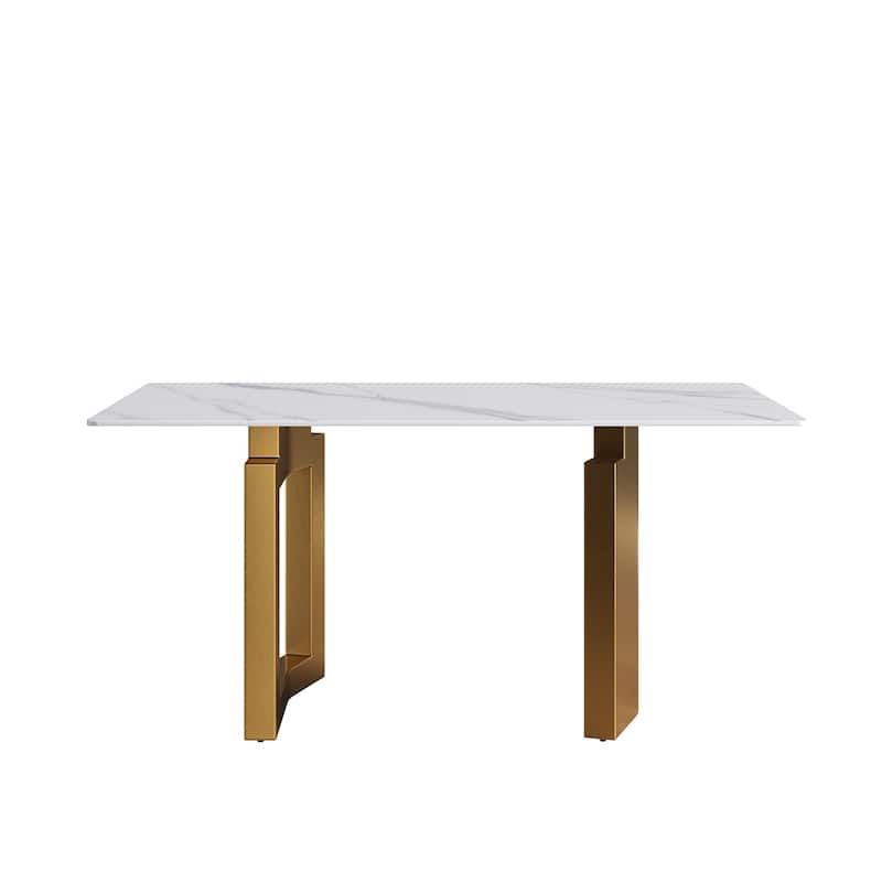 63"Modern artificial stone white straight edge metal leg dining table -6 people