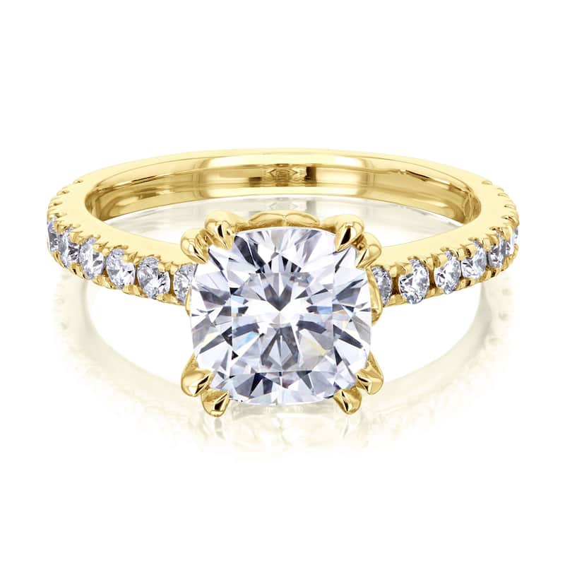 Kobelli 2.45 Carats Moissanite & Natural Diamond 14k Solid Gold Cushion Tulip Prongs Madison Engagement Ring