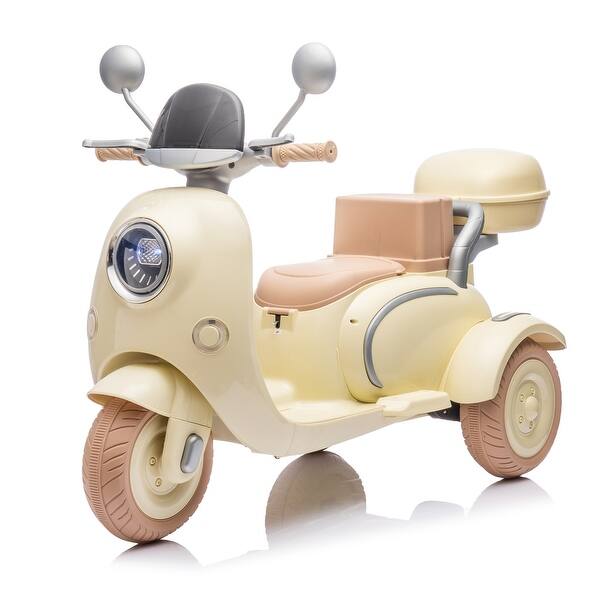 slide 2 of 80, 12V Kids Electric Motorcycle with Rear Flip Adult Seat, Bluetooth, USB, Multi-Function Player, and Large Storage for Ages 3-6 Beige