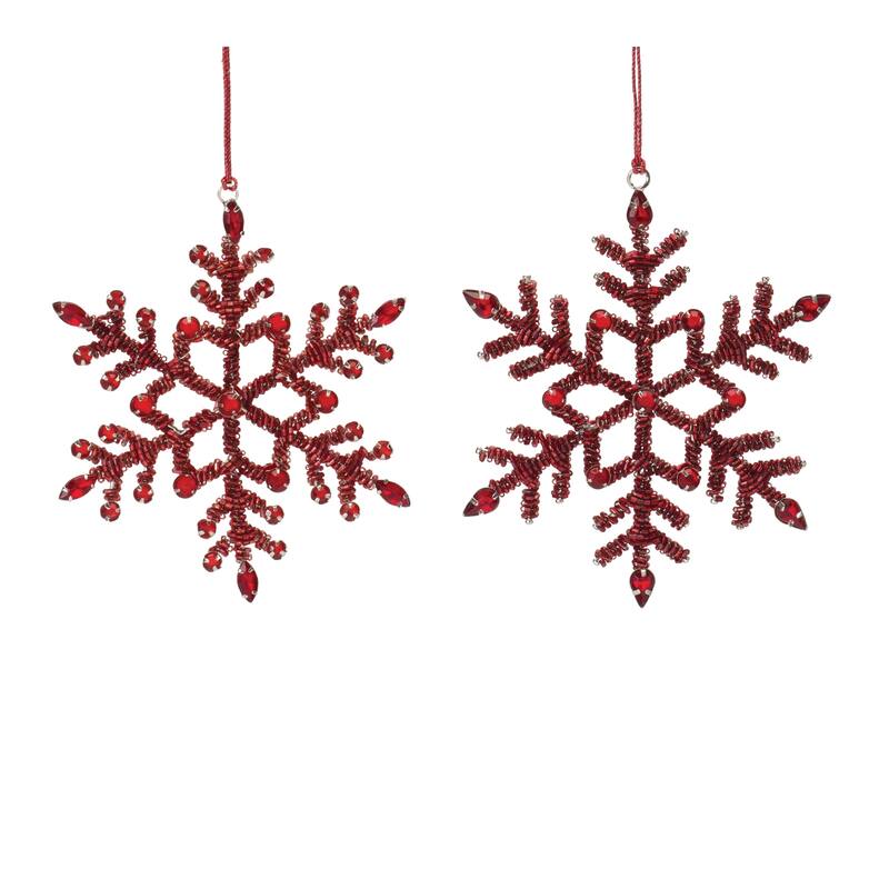 Beaded and Jeweled Snowflake Christmas Ornaments - 5.5" - Red - Set of 12