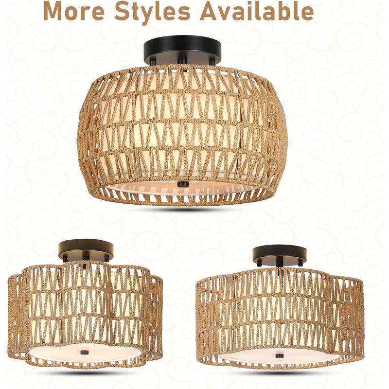 Light Fixtures Ceiling Mount, Rattan Semi Flush Mount Ceiling Light, Farmhouse Light Fixtures with Fabric Shades