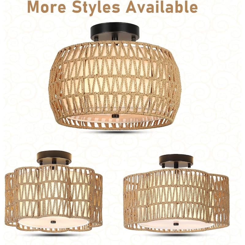 3-Lights Woven Rattan Flush Mount Ceiling Light Fixture with Hand-Worked Cage Shade for Bedroom, Kitchen, Foyer, Porch