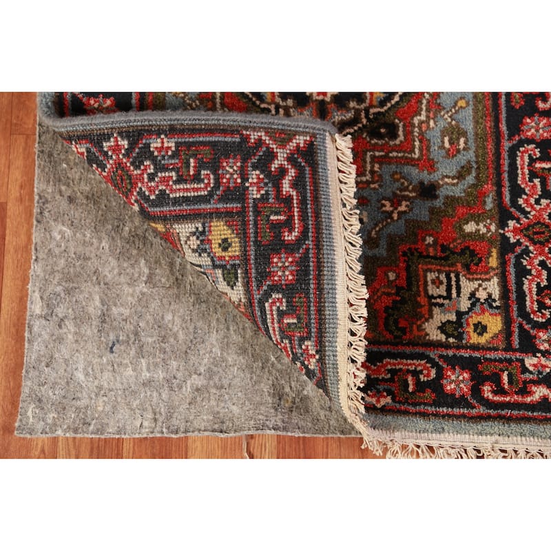 Hand Knotted Oriental 100% Wool Carpet Traditional Geometric Navy Blue & Blues Heriz (serapi) Runner Rug - 7' 11'' X 2' 7''