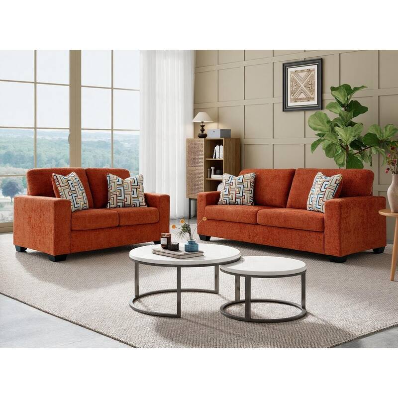 Roundhill Furniture Amoria 2-Piece Living Room Set with Four Accent Pillows, Rust Terra Chenille Upholstery