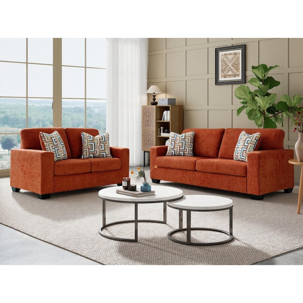 Roundhill Furniture Amoria 2-Piece Living Room Set with Four Accent Pillows, Rust Terra Chenille Upholstery
