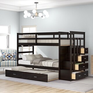 Concise & Elegant Solid Wood Bunk Bed, Twin Over Twin Bunk Bed with Trundle and Staircase, Easy Assembly