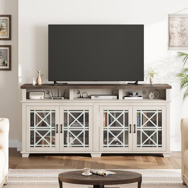 TV Stand for 80 inch,Entertainment Center with LED Lights and Storage - Washed white