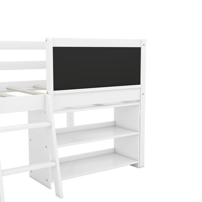 Twin Size Low Loft Bed with Movable Shelves, Ladder, and Chalkboard Guardrail, White