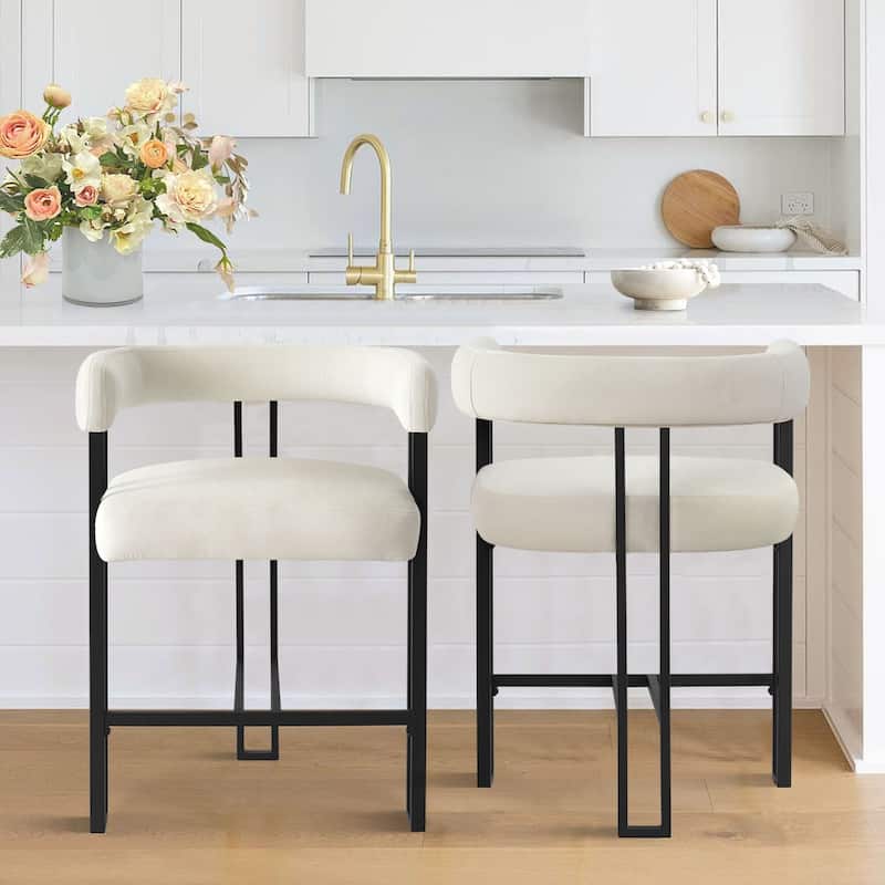 24" Seat Height Upholstered Velvet Solid back Counter Stool (Set of 2) - Beige