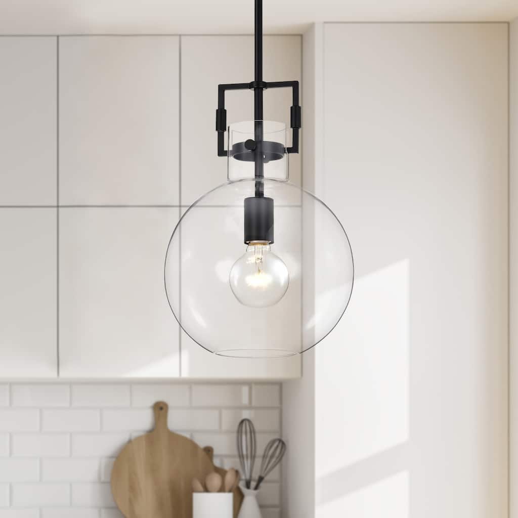 Matte Black 1-Light 10 Inch Globe Shaped Clear Glass Pendant