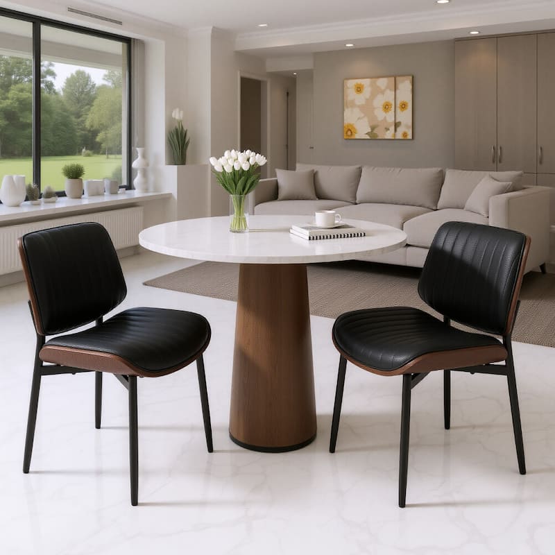 Tapered Metal Leg Dining Chairs - Mid-Century Styled Seating with Button-Tufted PU Leather & Ergonomically Curved Back - Black - Set of 2